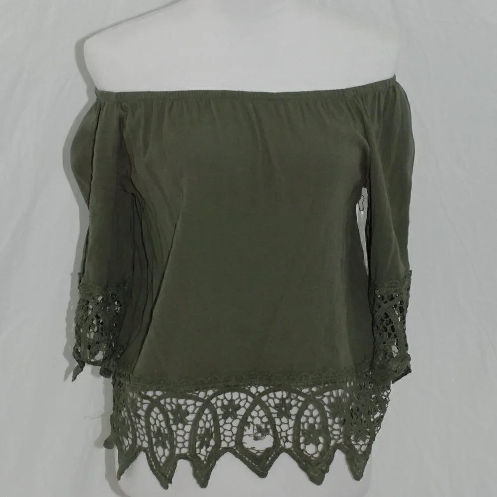 NWT Womens Medium la miel by Hyped Unicorn BOHO Forest Green Crochet Top Shirt